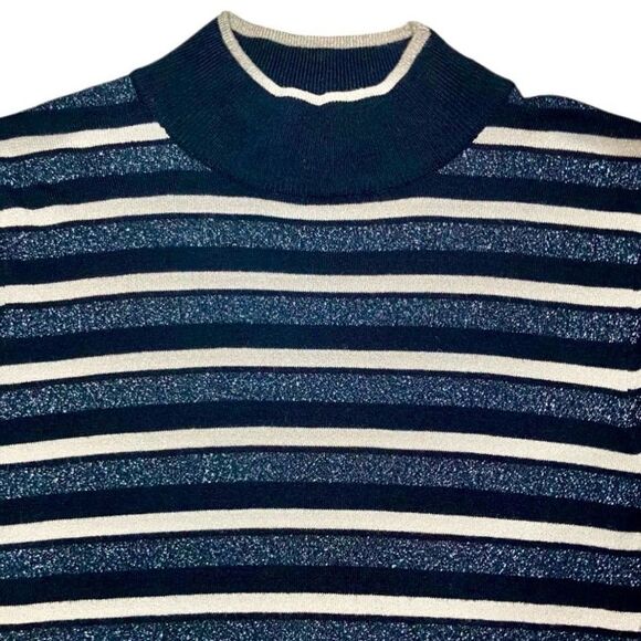 Tahari Striped Mock Neck Top in Black/Gold/Silver Women’s S - Picture 3 of 8